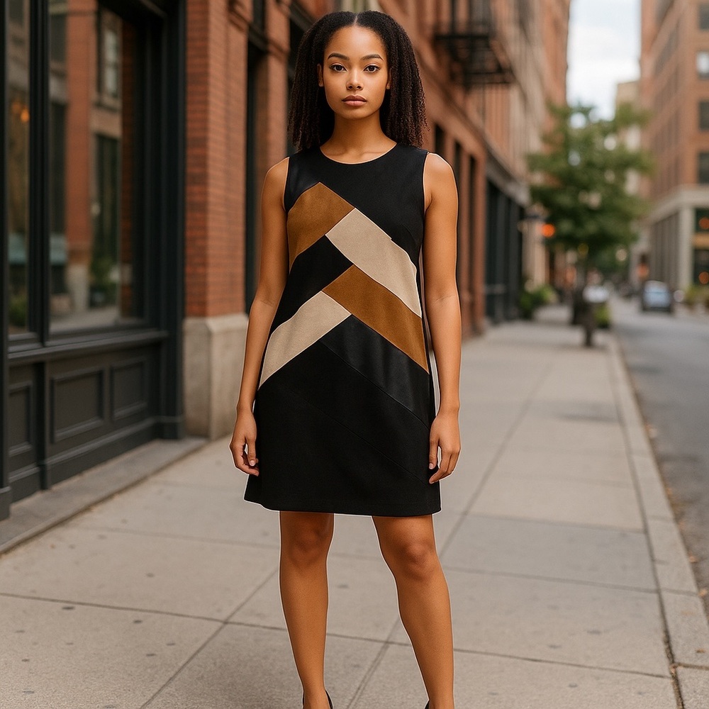 Chic Talbots Size 2 Black and Tan Geometric lined Dress. Great for any occasion!